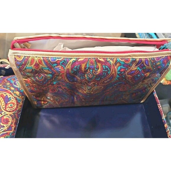 60s 2 Pc Toilertry Cosmetic Bags Travel Case Cloth Purple & Gold Paisley Rare - Picture 4 of 7